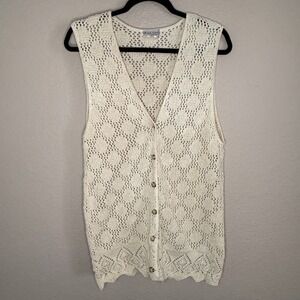 Vintage Womens Medium Pointelle Knit Cotton Cardigan Cottage Fairy Boho Festival